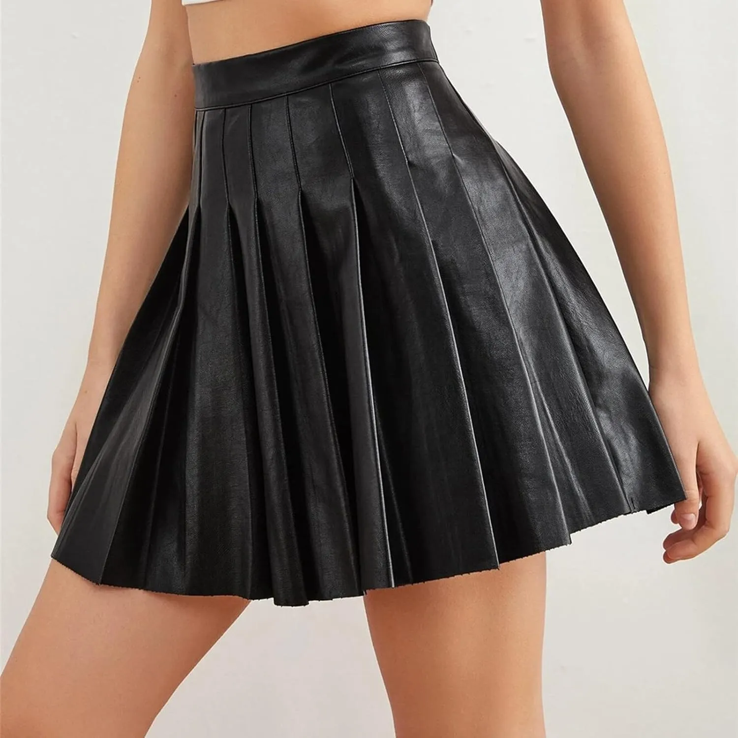 Womens Mini Skirts Faux Leather Solid Pleated Women's High Waist Short Elegant Skirt Casual Flowy PU Skirt