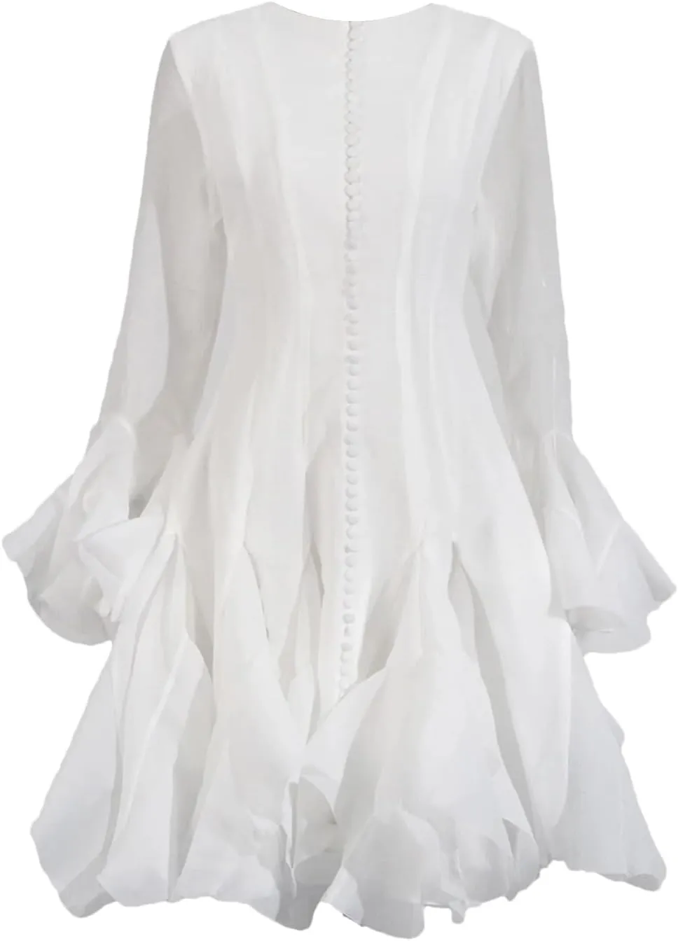Women's O-Neck Irregular Pleated Dress Applique Lantern Sleeve Waisted Mini A-Line Skirt