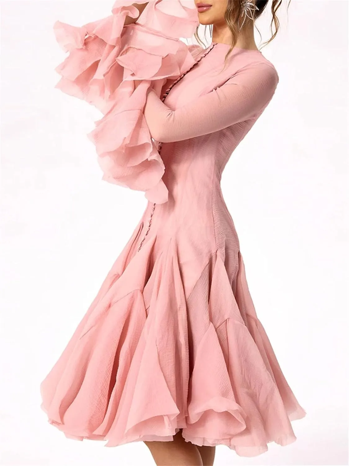 Women's O-Neck Irregular Pleated Dress Applique Lantern Sleeve Waisted Mini A-Line Skirt