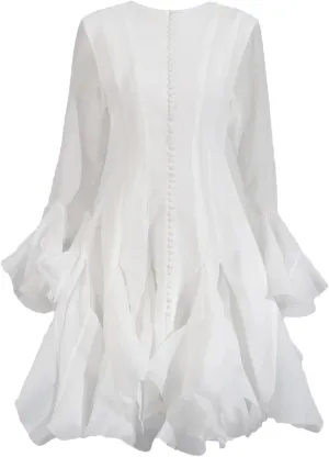 Women's O-Neck Irregular Pleated Dress Applique Lantern Sleeve Waisted Mini A-Line Skirt