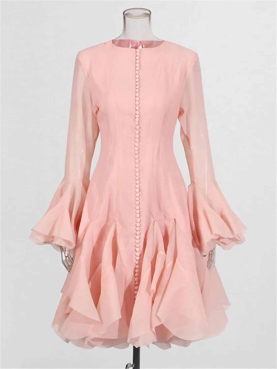Women's O-Neck Irregular Pleated Dress Applique Lantern Sleeve Waisted Mini A-Line Skirt