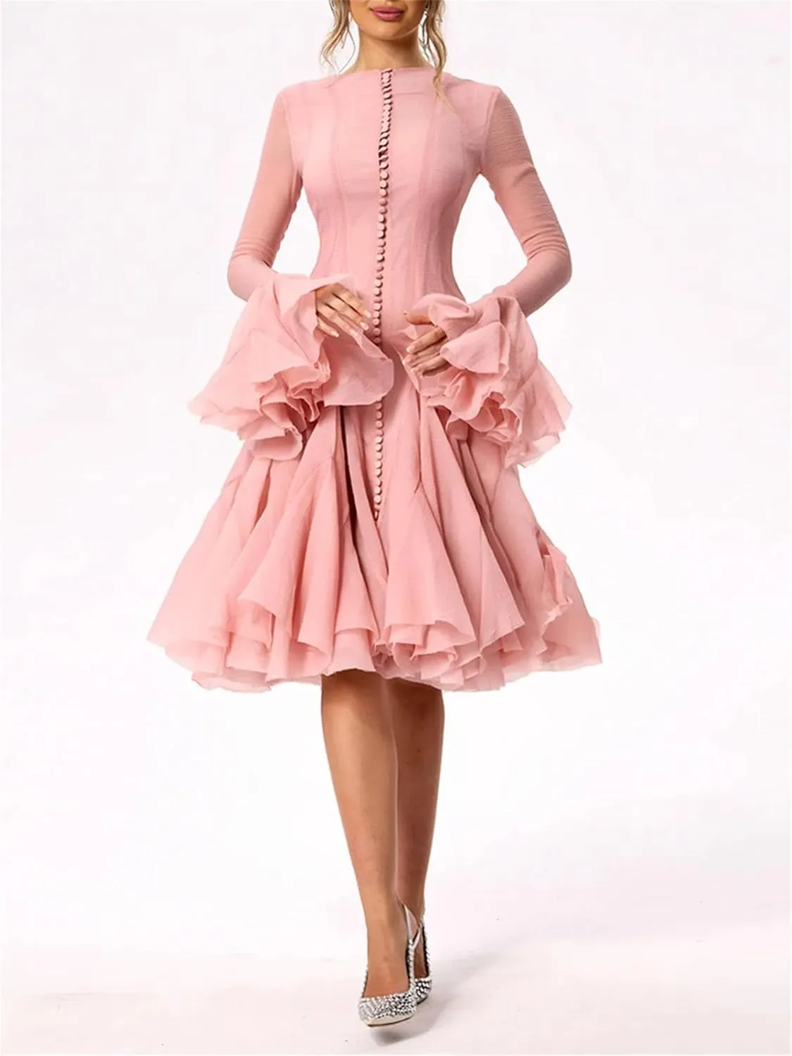 Women's O-Neck Irregular Pleated Dress Applique Lantern Sleeve Waisted Mini A-Line Skirt