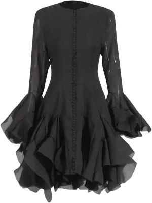 Women's O-Neck Irregular Pleated Dress Applique Lantern Sleeve Waisted Mini A-Line Skirt