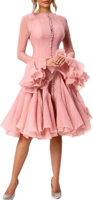 Women's O-Neck Irregular Pleated Dress Applique Lantern Sleeve Waisted Mini A-Line Skirt
