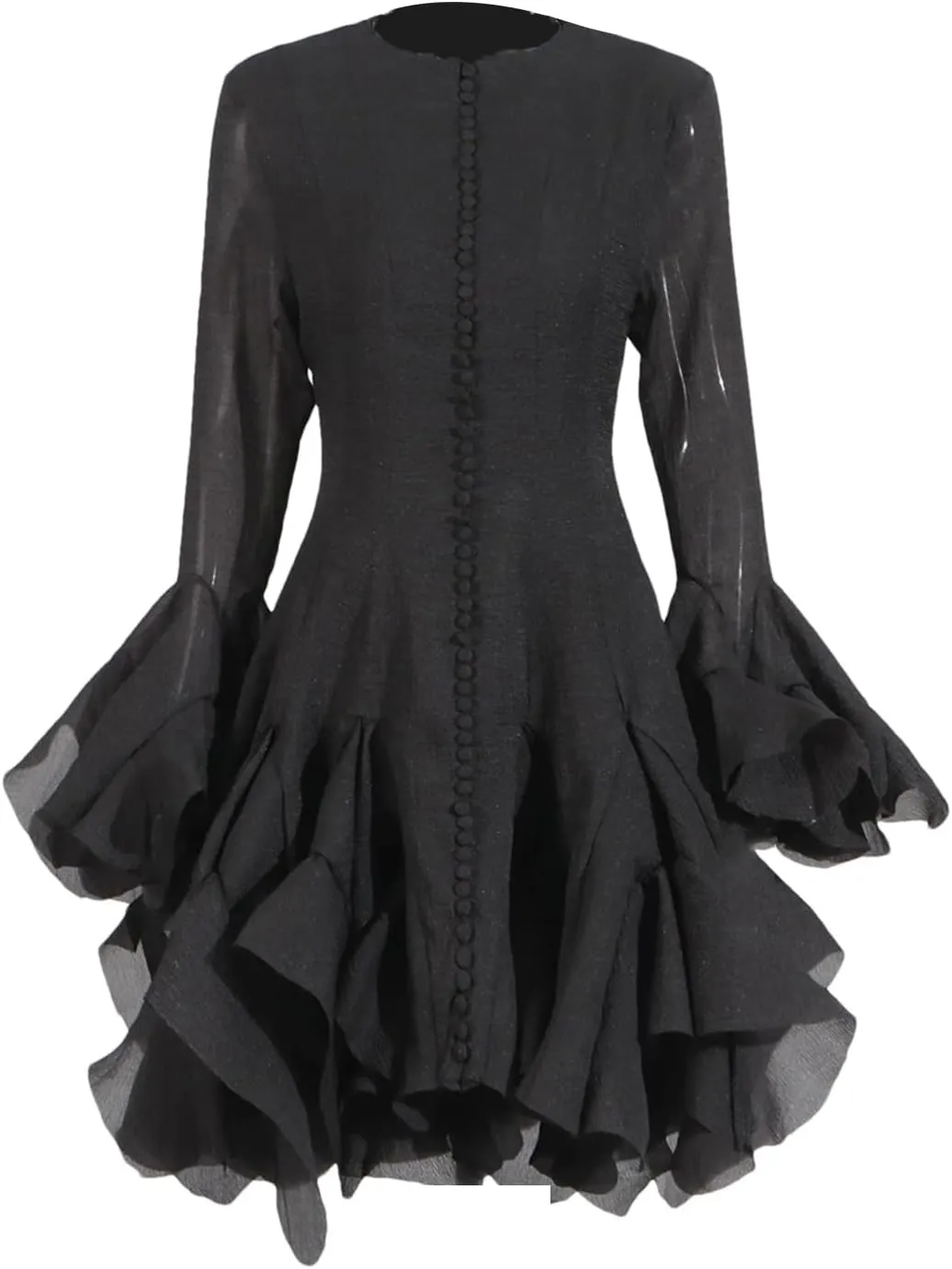 Women's O-Neck Irregular Pleated Dress Applique Lantern Sleeve Waisted Mini A-Line Skirt