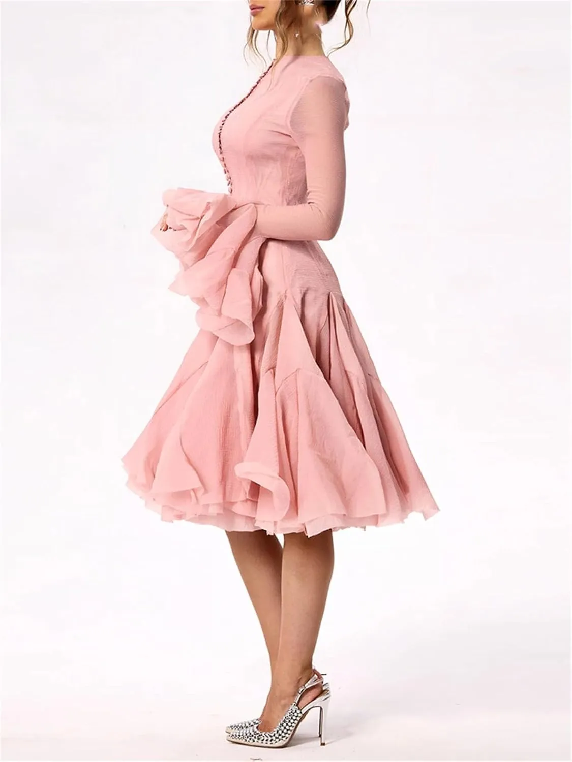 Women's O-Neck Irregular Pleated Dress Applique Lantern Sleeve Waisted Mini A-Line Skirt