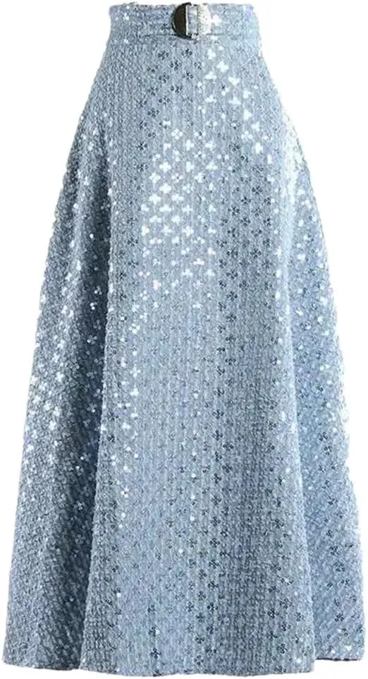 Women's Office Denim Maxi Skirt Sequin Embroidery Gathered Waist A-Line Skirt with Stretch