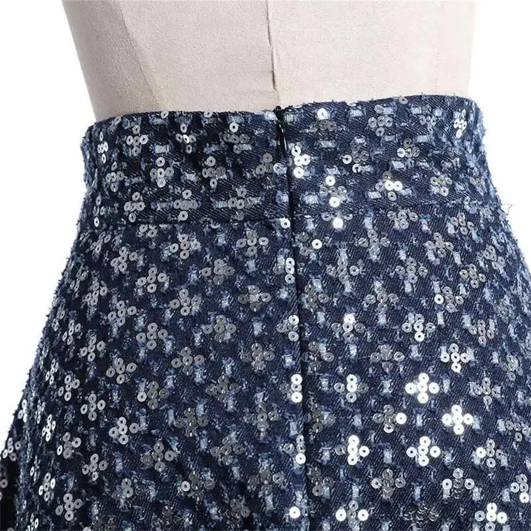 Women's Office Denim Maxi Skirt Sequin Embroidery Gathered Waist A-Line Skirt with Stretch