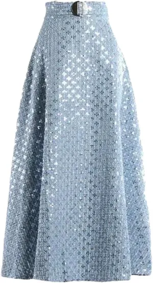 Women's Office Denim Maxi Skirt Sequin Embroidery Gathered Waist A-Line Skirt with Stretch