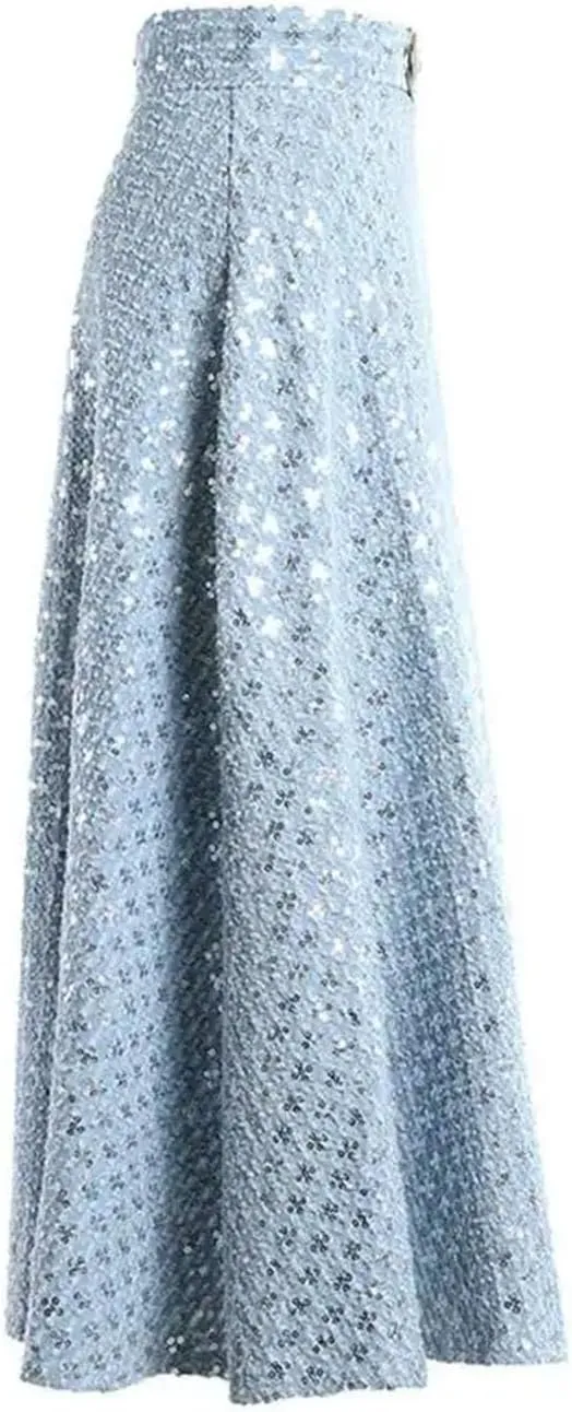 Women's Office Denim Maxi Skirt Sequin Embroidery Gathered Waist A-Line Skirt with Stretch