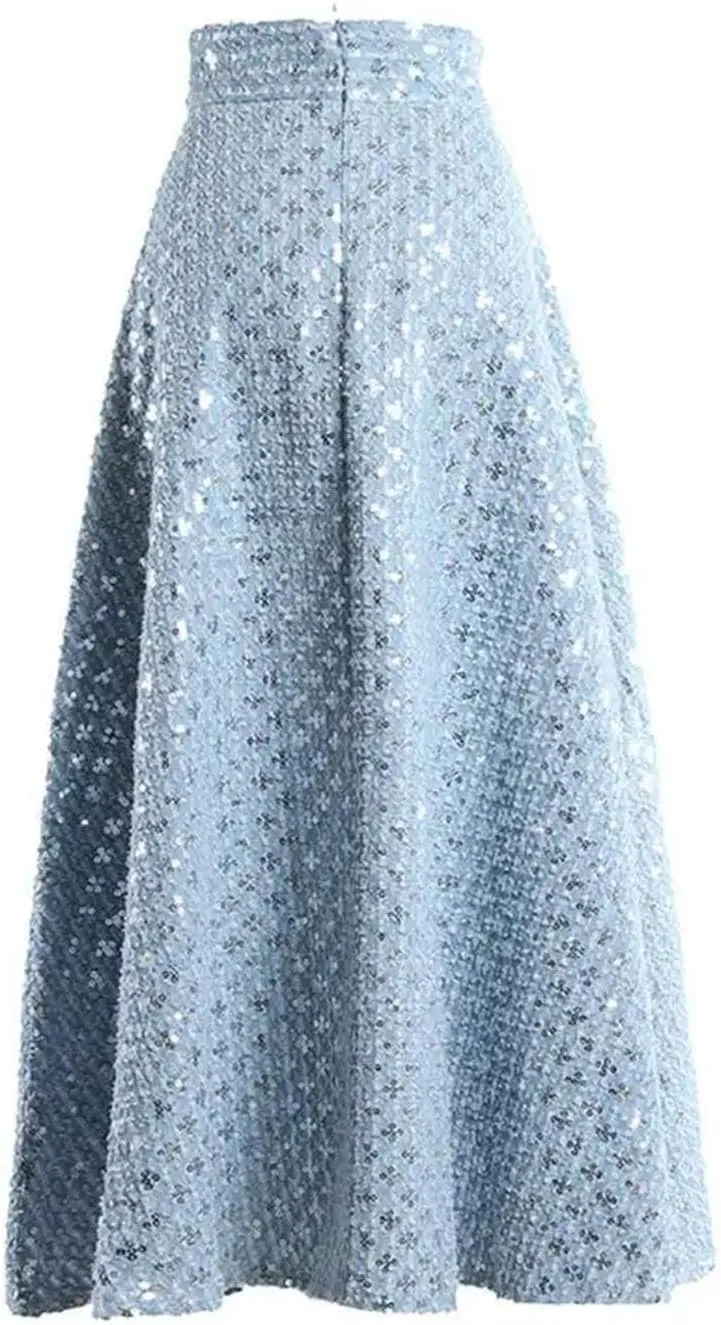 Women's Office Denim Maxi Skirt Sequin Embroidery Gathered Waist A-Line Skirt with Stretch