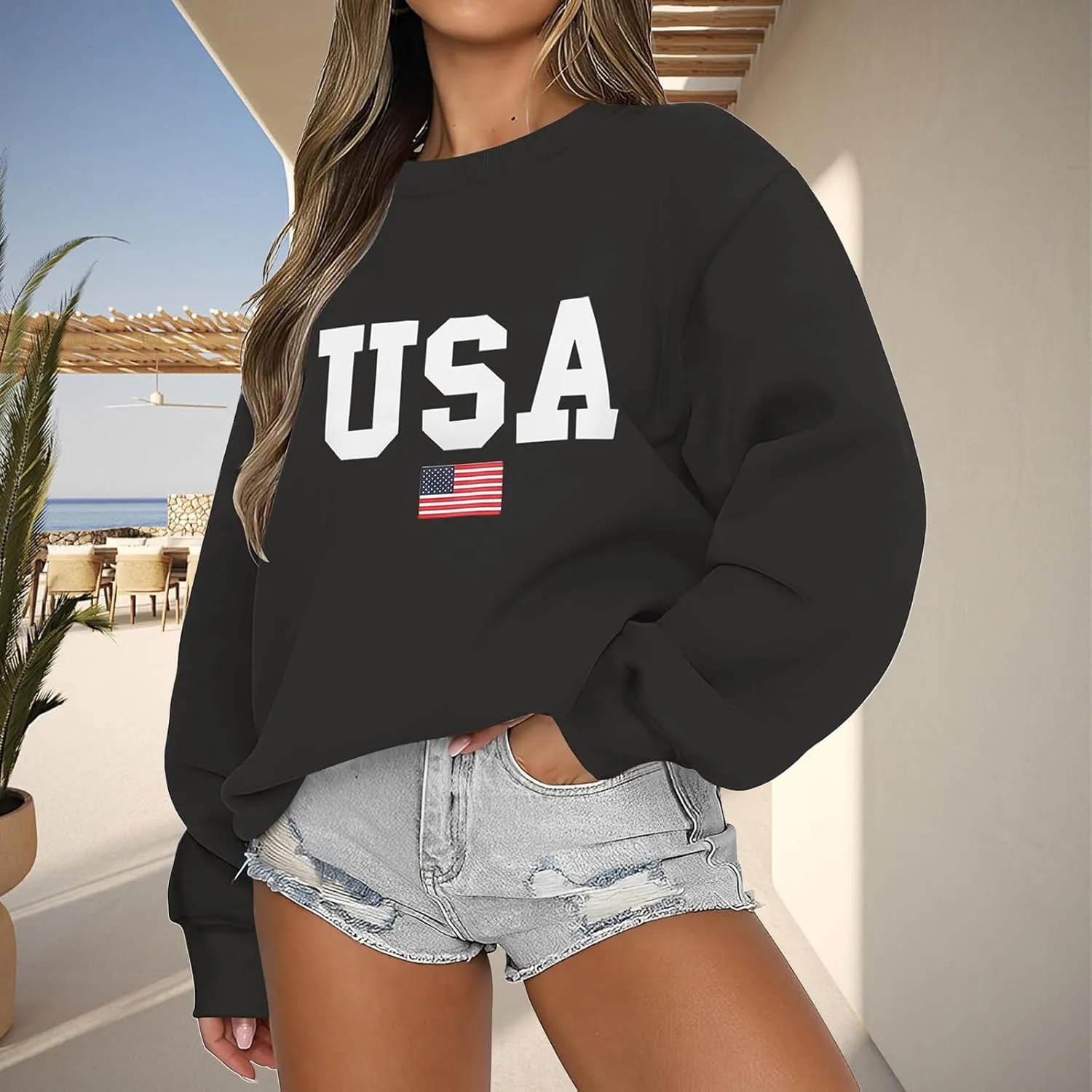Women's Oversized Graphic Letter Print Sweatshirts Casual Crewneck Long Sleeve Fleece Pullover Tops Preppy Shirts