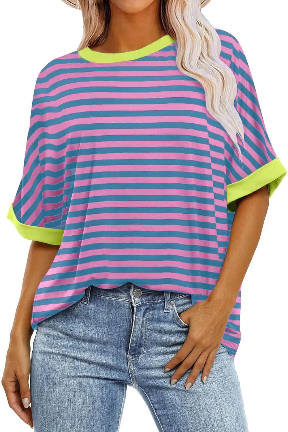 Womens Oversized T Shirts 2025 Trendy Striped Dressy Casual Crewneck Short Half Sleeve Colorblock Cute Summer Tops