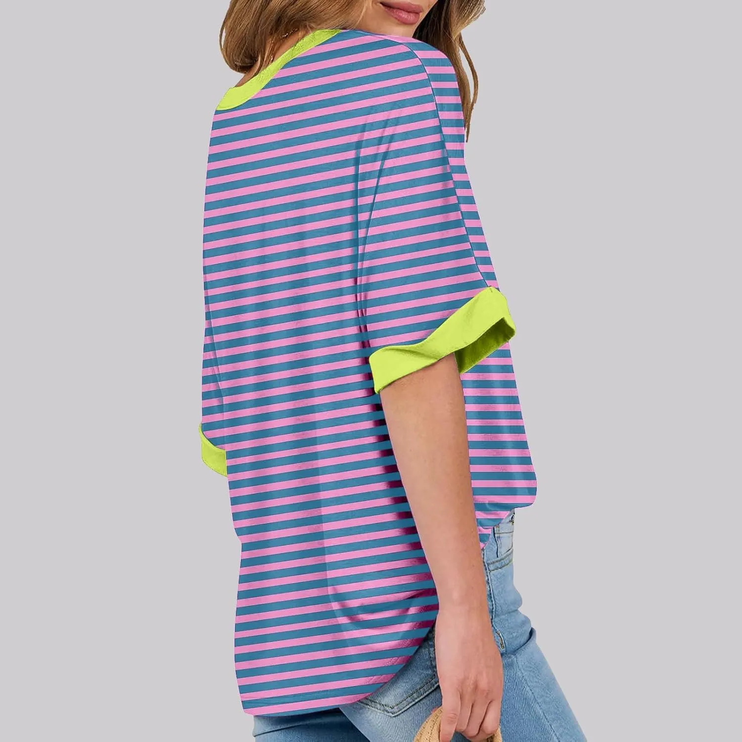 Womens Oversized T Shirts 2025 Trendy Striped Dressy Casual Crewneck Short Half Sleeve Colorblock Cute Summer Tops
