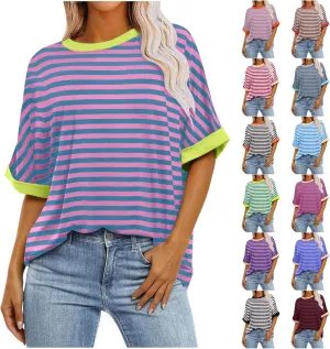 Womens Oversized T Shirts 2025 Trendy Striped Dressy Casual Crewneck Short Half Sleeve Colorblock Cute Summer Tops