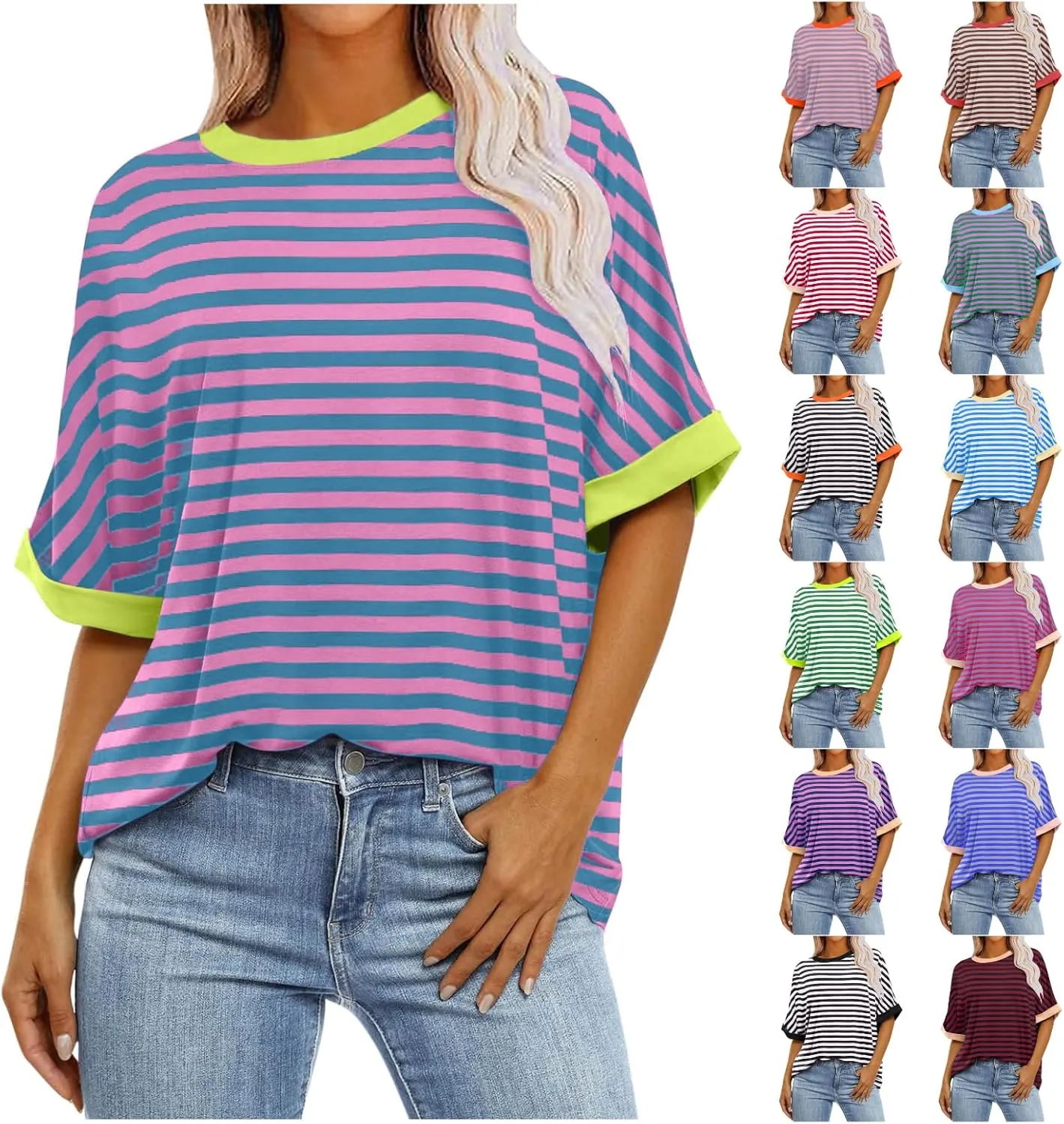 Womens Oversized T Shirts 2025 Trendy Striped Dressy Casual Crewneck Short Half Sleeve Colorblock Cute Summer Tops