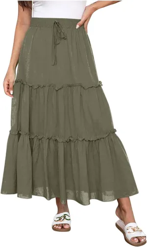 Women's Pleated Summer Maxi Skirts Casual Smocked Layered Tiered Boho Long Skirt High Waist A Line Dress