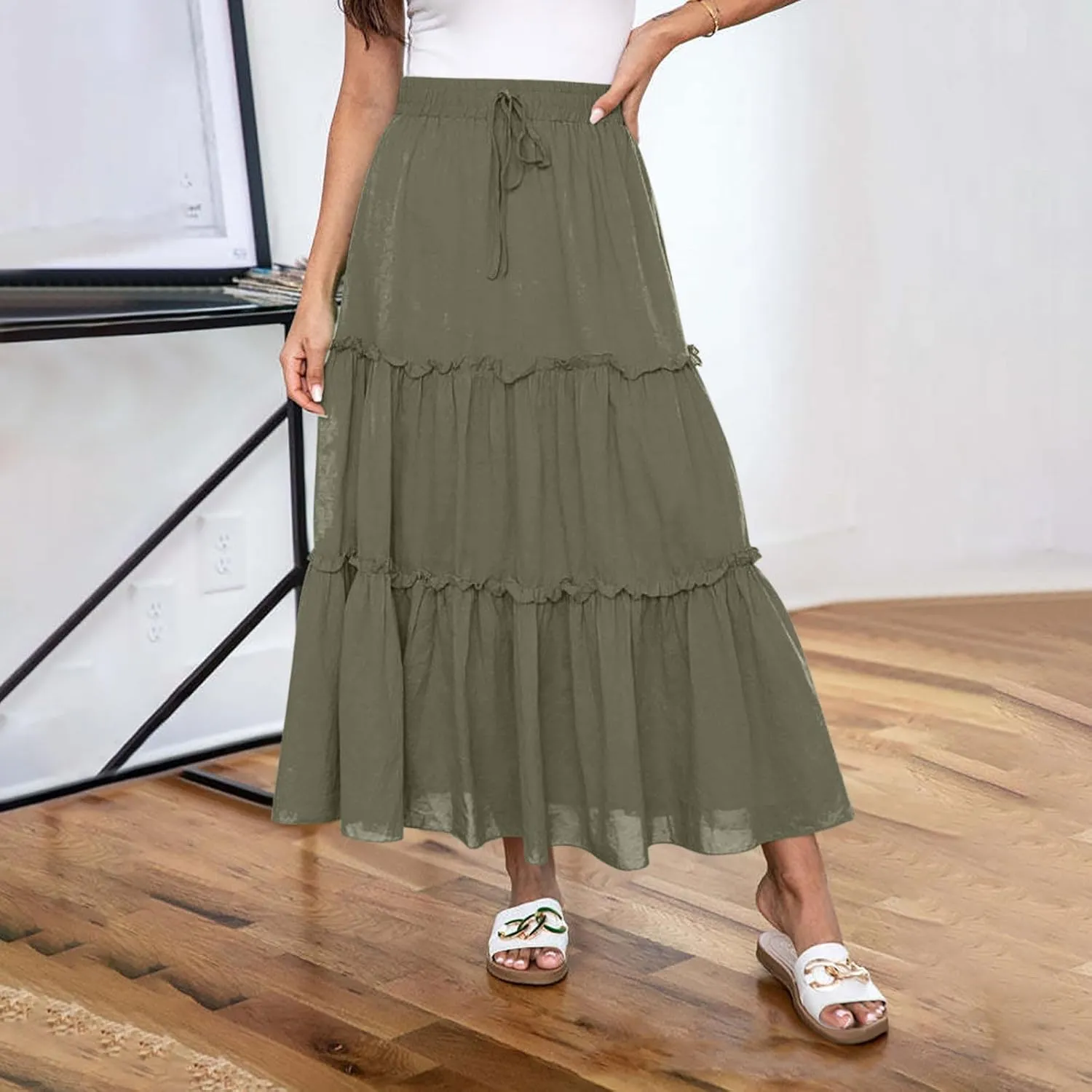 Women's Pleated Summer Maxi Skirts Casual Smocked Layered Tiered Boho Long Skirt High Waist A Line Dress