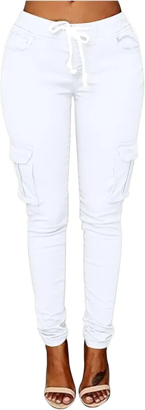 Womens Plus Size Butt Lifting Leggings Slim Fit Stretch Drawstring Cargo Joggers Yoga Sweatpants with Multi Pockets
