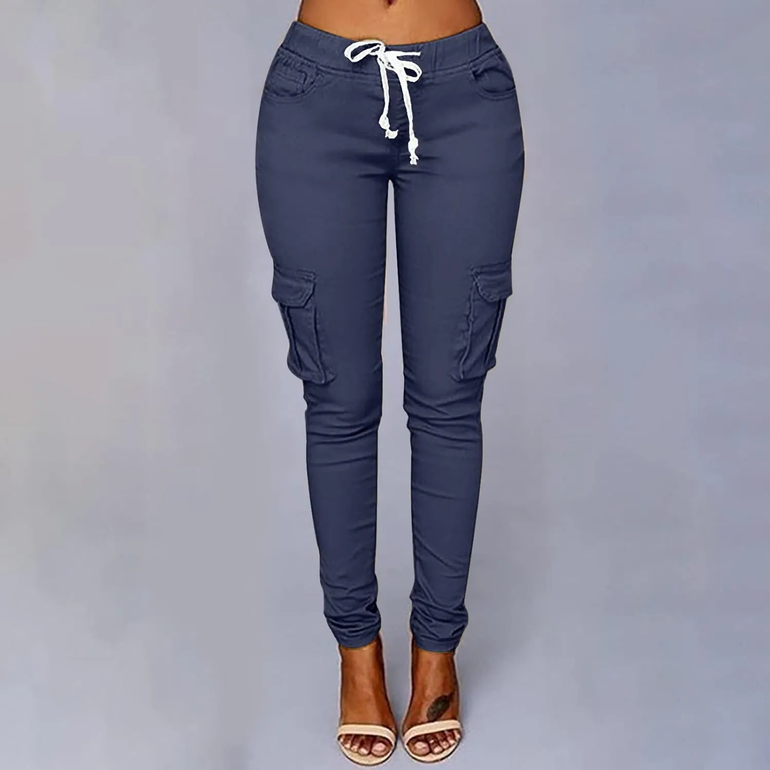 Womens Plus Size Butt Lifting Leggings Slim Fit Stretch Drawstring Cargo Joggers Yoga Sweatpants with Multi Pockets