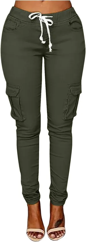 Womens Plus Size Butt Lifting Leggings Slim Fit Stretch Drawstring Cargo Joggers Yoga Sweatpants with Multi Pockets