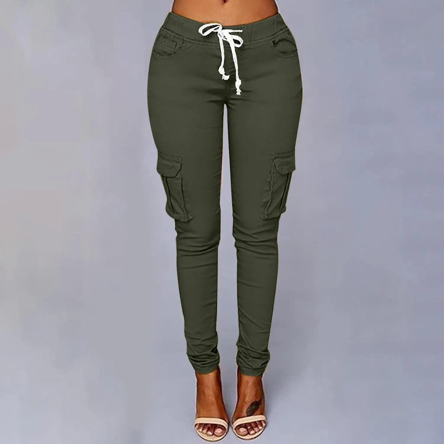 Womens Plus Size Butt Lifting Leggings Slim Fit Stretch Drawstring Cargo Joggers Yoga Sweatpants with Multi Pockets