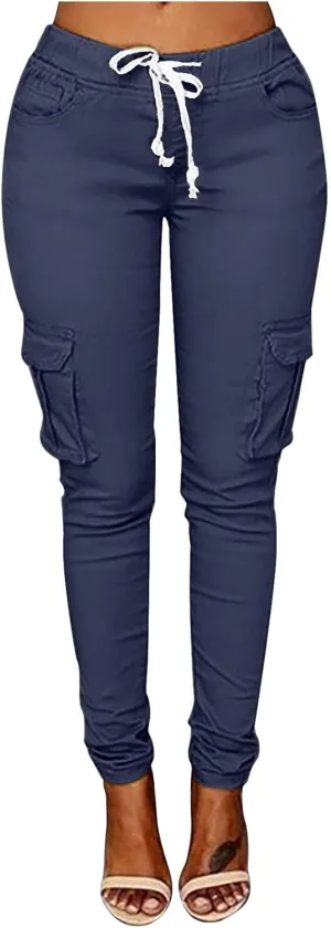 Womens Plus Size Butt Lifting Leggings Slim Fit Stretch Drawstring Cargo Joggers Yoga Sweatpants with Multi Pockets