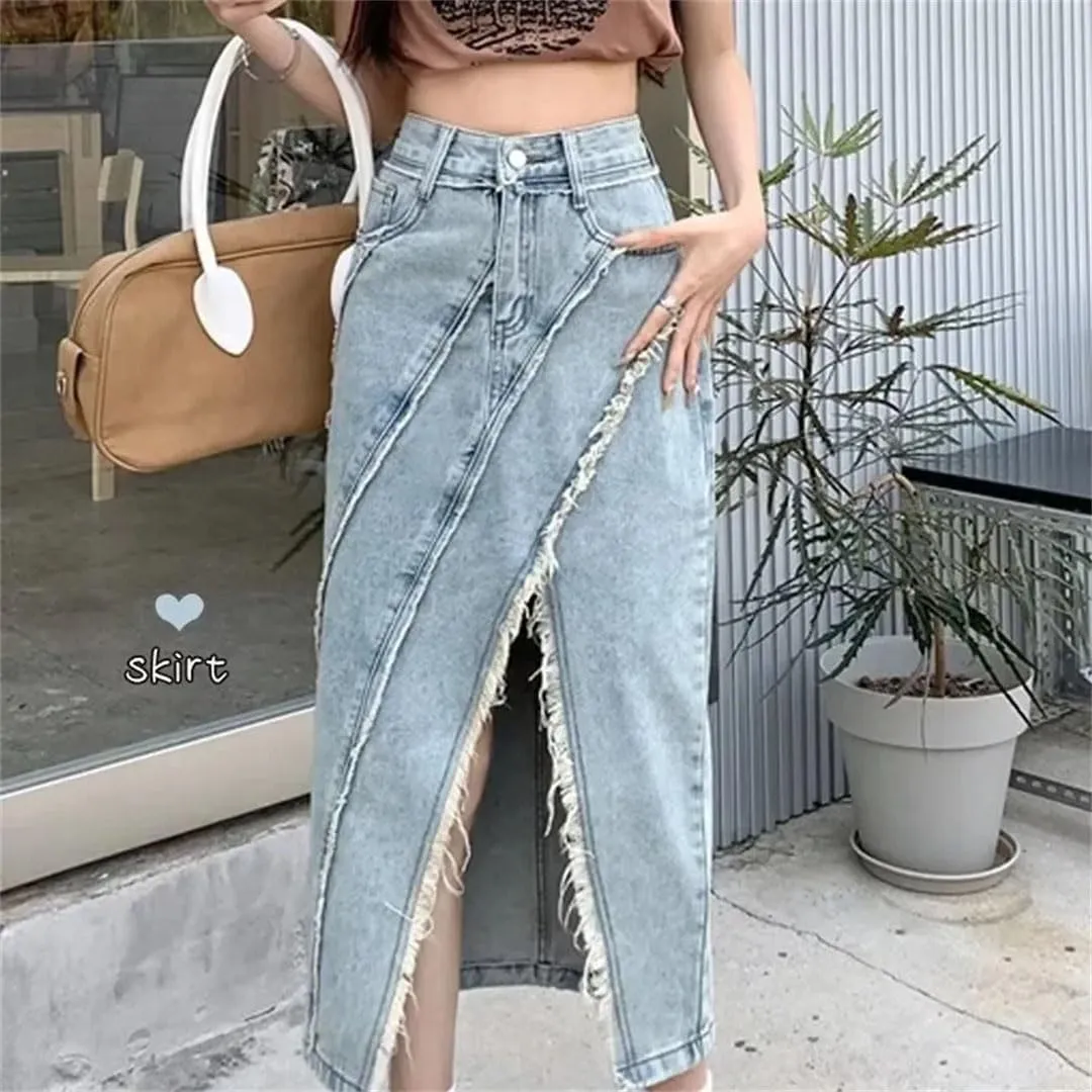 Women's Plus Size High-Waisted Slimming A- Line Skirt Slit Clothing Mid-Long Dress