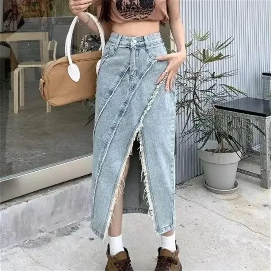 Women's Plus Size High-Waisted Slimming A- Line Skirt Slit Clothing Mid-Long Dress