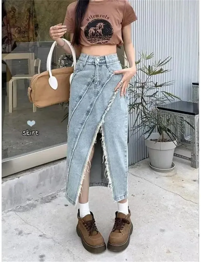 Women's Plus Size High-Waisted Slimming A- Line Skirt Slit Clothing Mid-Long Dress