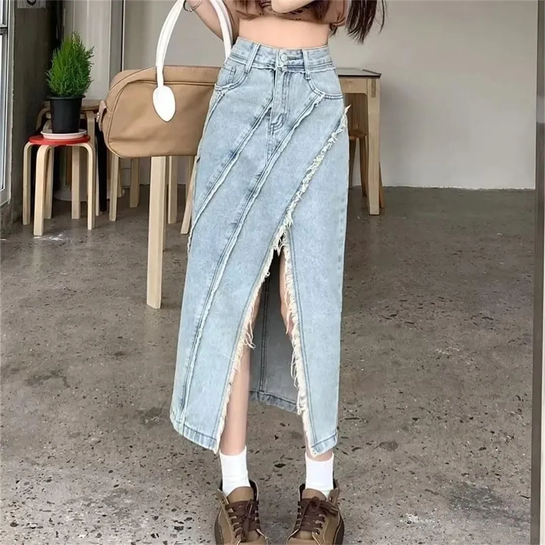 Women's Plus Size High-Waisted Slimming A- Line Skirt Slit Clothing Mid-Long Dress