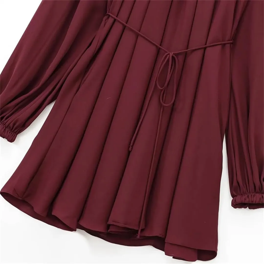 Women's Puff Sleeve Loose Short Skirt Solid Color Ruffle Pleated A-Line Skirt