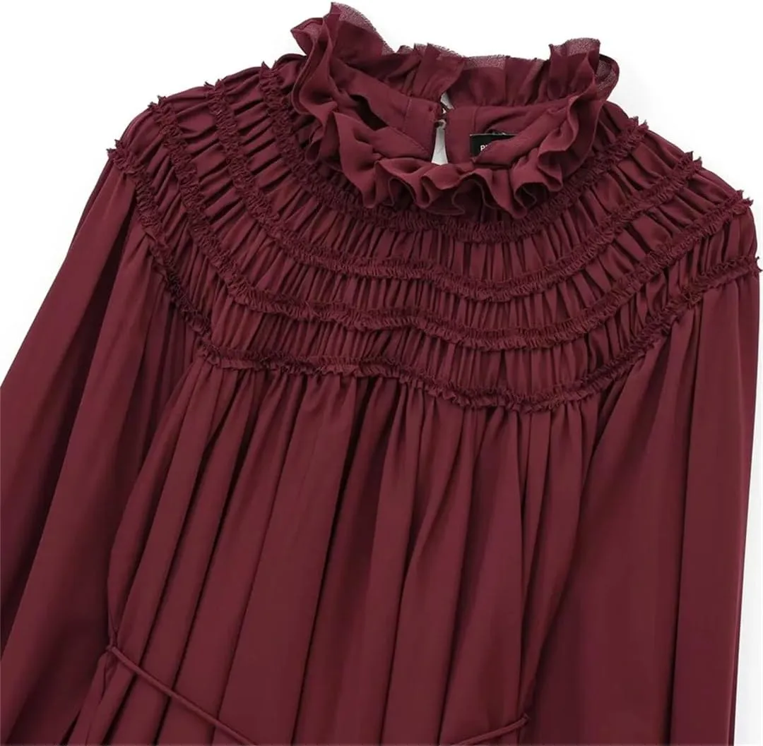 Women's Puff Sleeve Loose Short Skirt Solid Color Ruffle Pleated A-Line Skirt