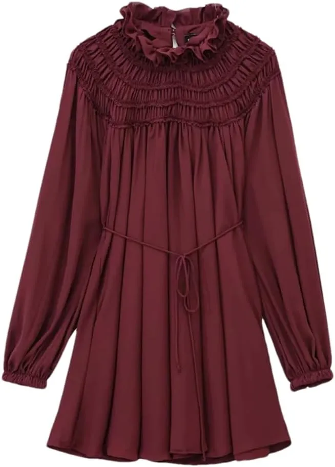 Women's Puff Sleeve Loose Short Skirt Solid Color Ruffle Pleated A-Line Skirt