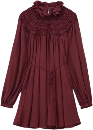 Women's Puff Sleeve Loose Short Skirt Solid Color Ruffle Pleated A-Line Skirt