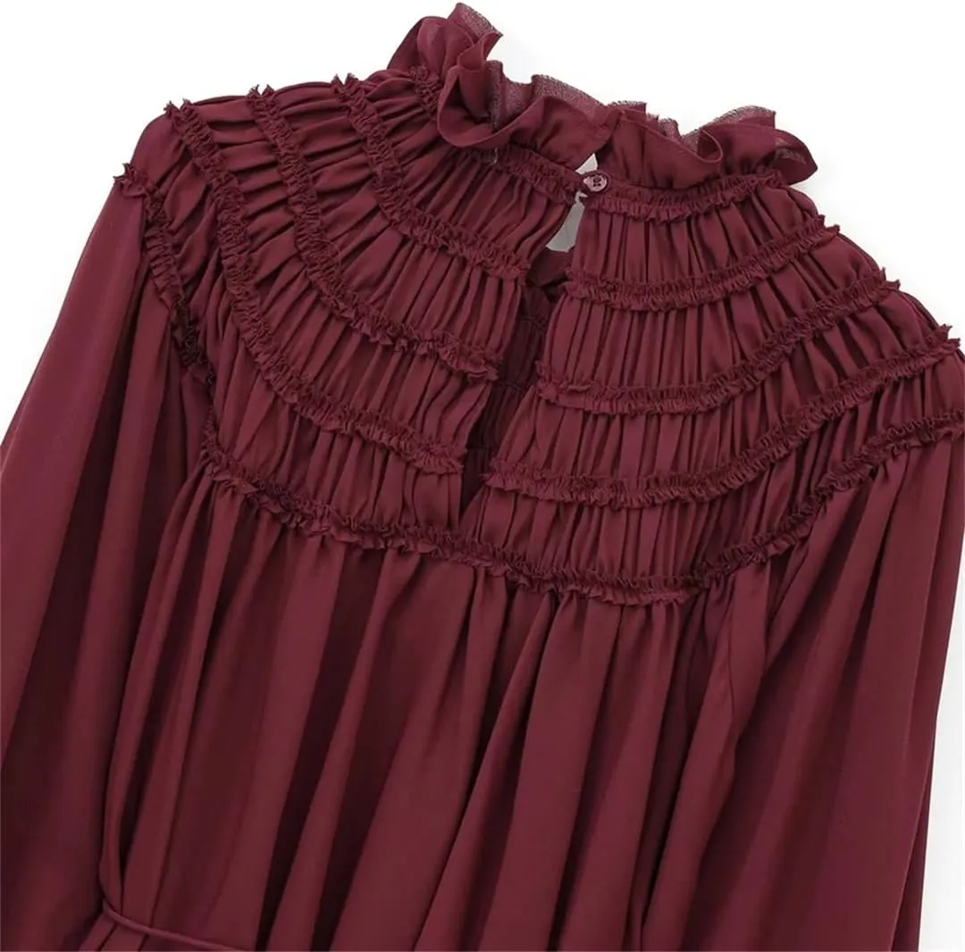 Women's Puff Sleeve Loose Short Skirt Solid Color Ruffle Pleated A-Line Skirt