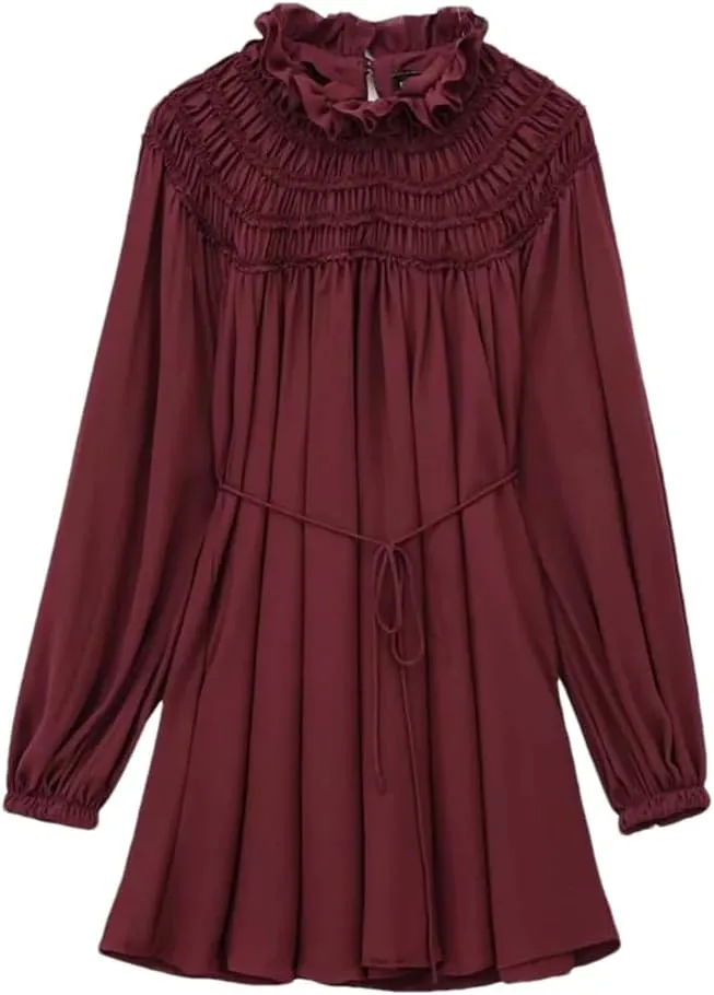 Women's Puff Sleeve Loose Short Skirt Solid Color Ruffle Pleated A-Line Skirt