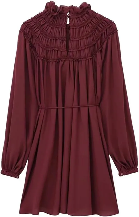 Women's Puff Sleeve Loose Short Skirt Solid Color Ruffle Pleated A-Line Skirt