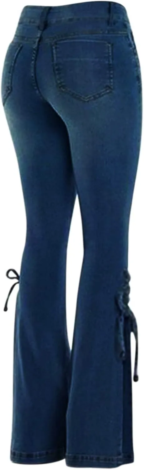 Women's Ripped Flare Bell Bottom Mid Waist Lace Up Hole Stretch Vintage Baggy Straight Denim Jeans Pants Trousers Streetwear