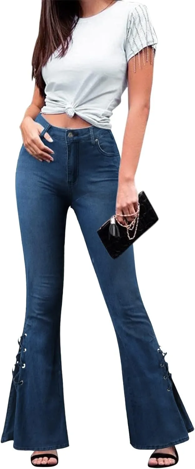 Women's Ripped Flare Bell Bottom Mid Waist Lace Up Hole Stretch Vintage Baggy Straight Denim Jeans Pants Trousers Streetwear