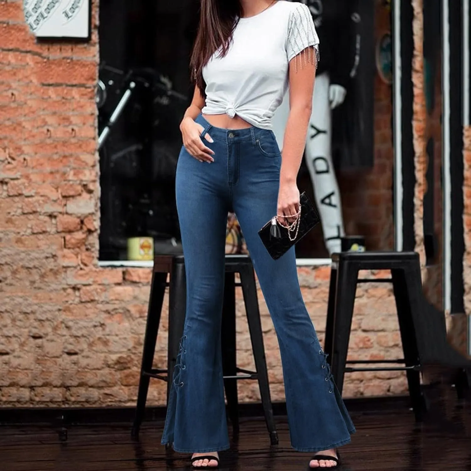 Women's Ripped Flare Bell Bottom Mid Waist Lace Up Hole Stretch Vintage Baggy Straight Denim Jeans Pants Trousers Streetwear