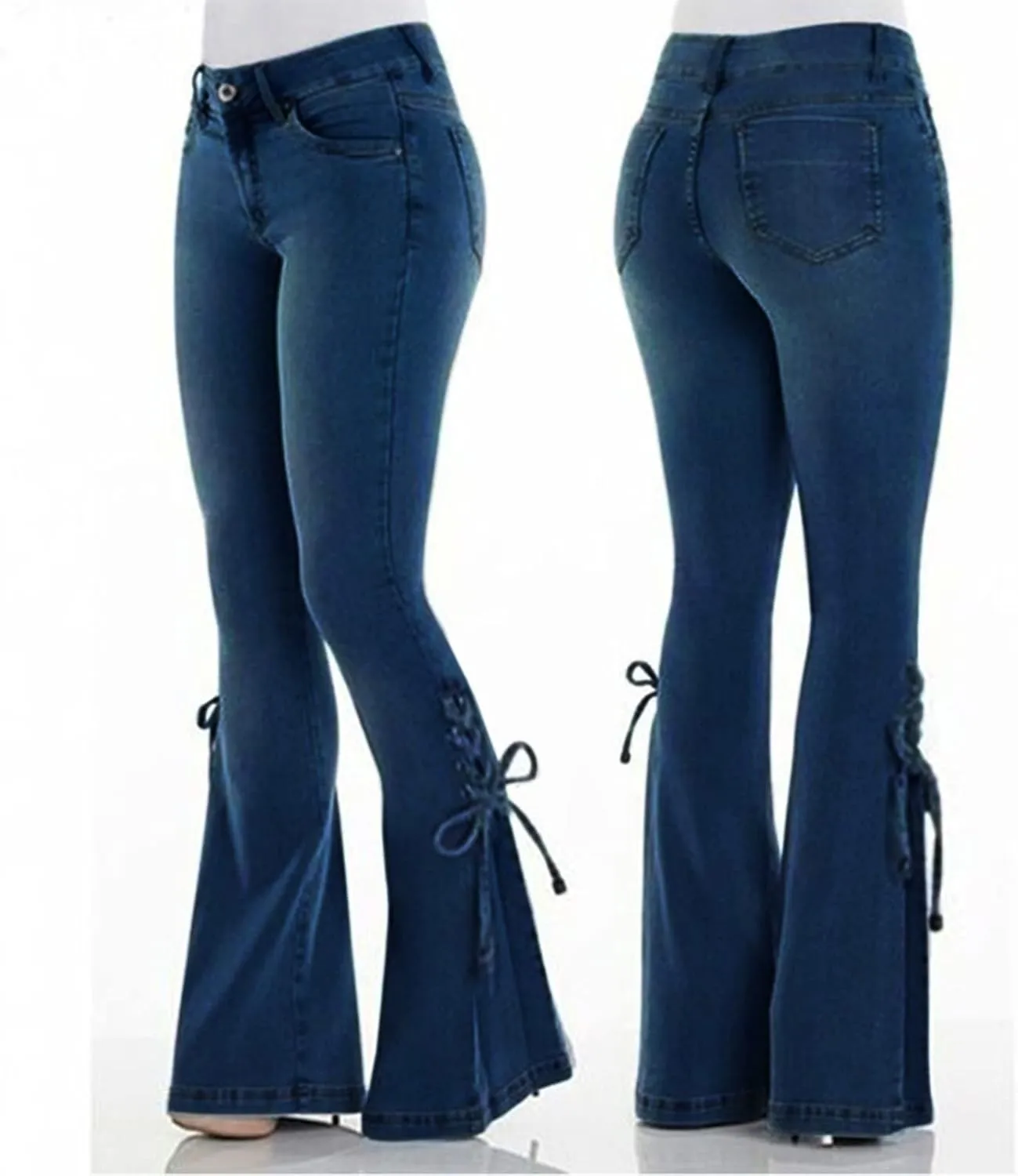 Women's Ripped Flare Bell Bottom Mid Waist Lace Up Hole Stretch Vintage Baggy Straight Denim Jeans Pants Trousers Streetwear