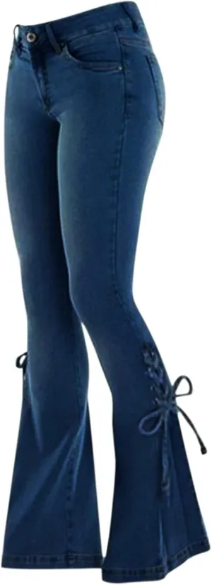 Women's Ripped Flare Bell Bottom Mid Waist Lace Up Hole Stretch Vintage Baggy Straight Denim Jeans Pants Trousers Streetwear