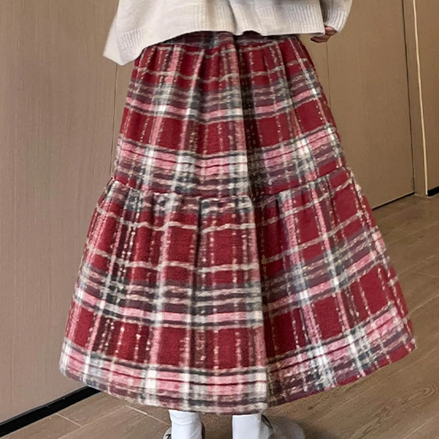 Womens Ruffle Maxi Skirts Vintage Wool Blend Plaid Elastic High-Waist Pleated Swing Long Skirt
