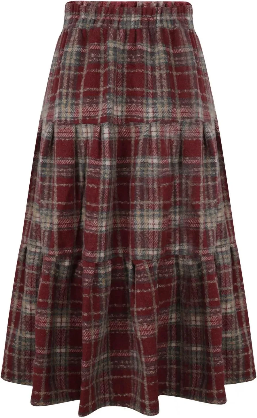 Womens Ruffle Maxi Skirts Vintage Wool Blend Plaid Elastic High-Waist Pleated Swing Long Skirt