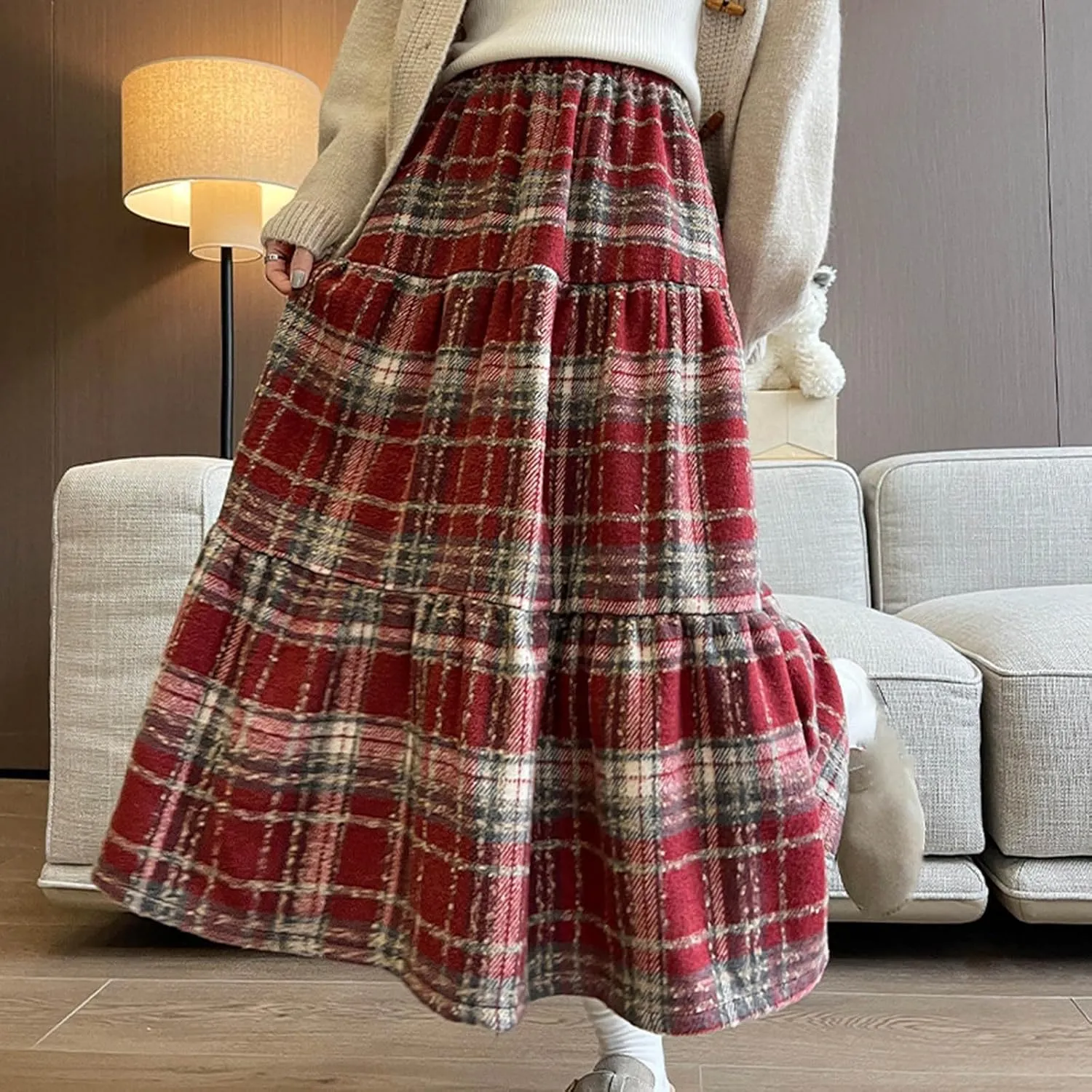 Womens Ruffle Maxi Skirts Vintage Wool Blend Plaid Elastic High-Waist Pleated Swing Long Skirt