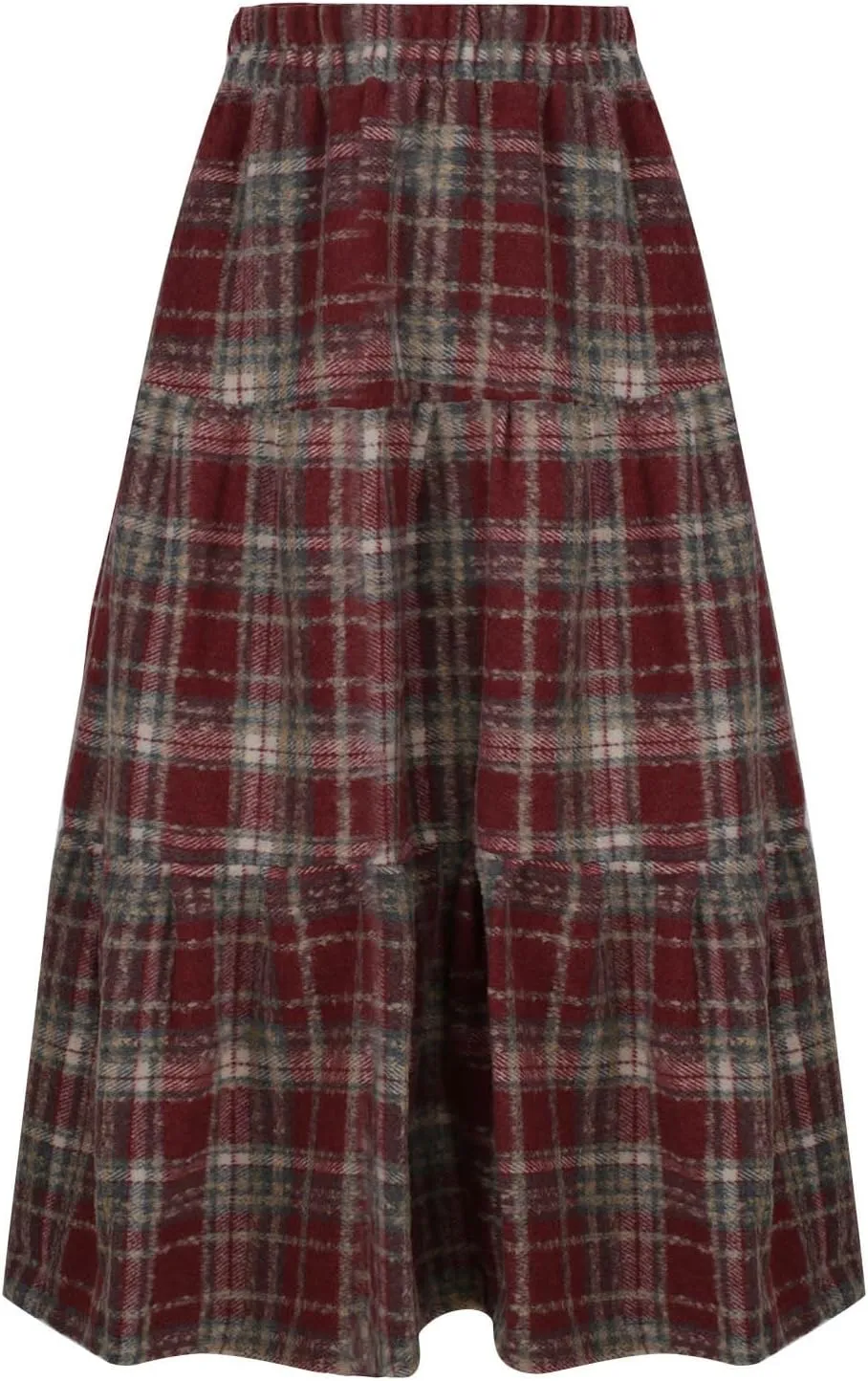 Womens Ruffle Maxi Skirts Vintage Wool Blend Plaid Elastic High-Waist Pleated Swing Long Skirt