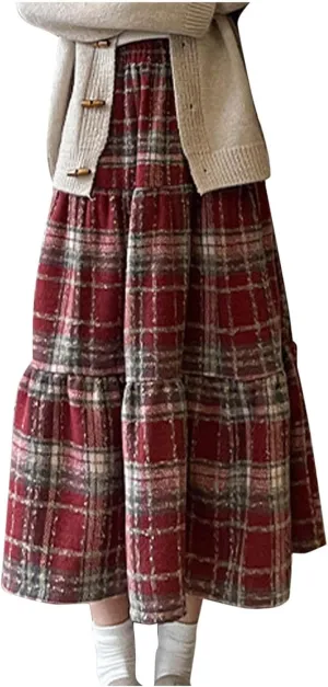 Womens Ruffle Maxi Skirts Vintage Wool Blend Plaid Elastic High-Waist Pleated Swing Long Skirt