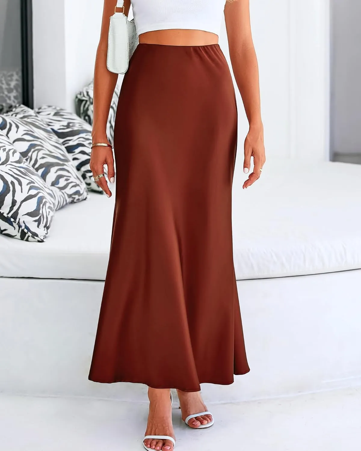 Women's Satin High Waist Skirt Silk Summer Flared A-Line Maxi Skirts Elegant Cocktail Party Wedding Skirt