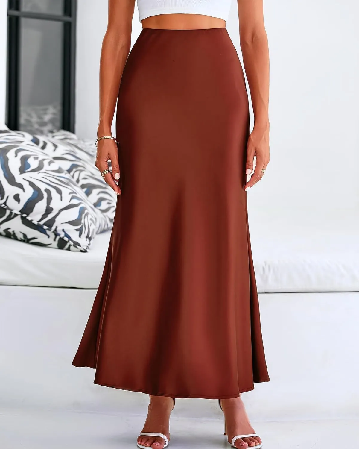 Women's Satin High Waist Skirt Silk Summer Flared A-Line Maxi Skirts Elegant Cocktail Party Wedding Skirt